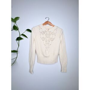 Free People Pointelle Mixed Knit Pullover Sweater Size Small Ivory Notch Neck